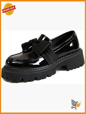 Patent Leather Chunky Heel Loafers with Lug Sole Bow Detail Round Toe Slip-On